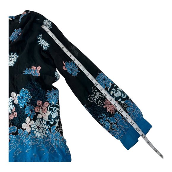 LOFT Women SZ Small Semisheer Floral Black & Blue Long-Sleeve Tunic Top Blouse - Picture 7 of 12